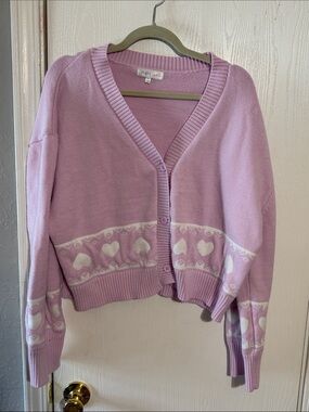 Lilac Heart-Trim V-Neck Button Cardigan Sweater
